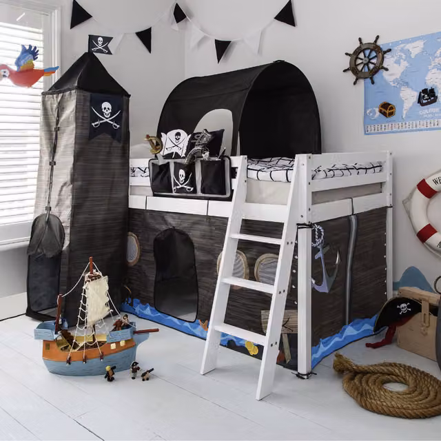 Noa and Nani Moro Cabin Bed with Pirate Hideaway Package in White Solid Pine Wood