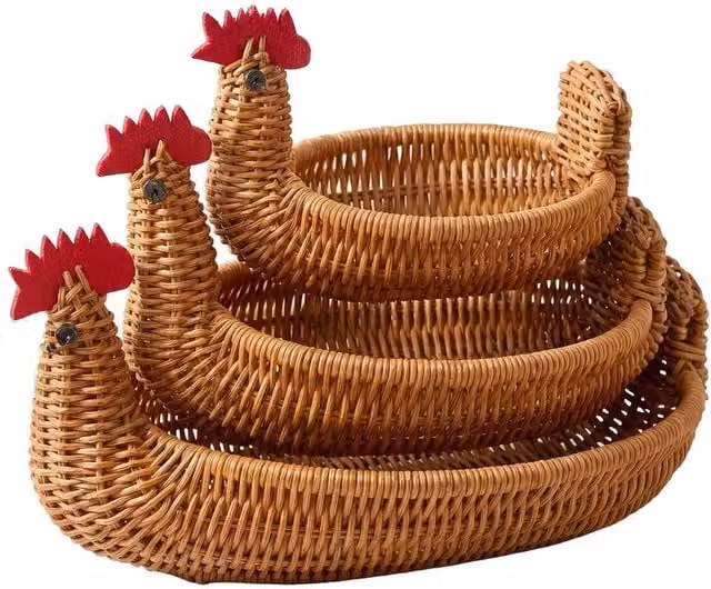 VOGREX Set of 3 Brown Rattan Chicken Animal Storage Baskets – 1