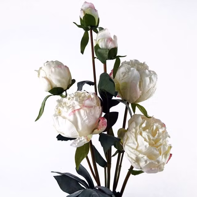 White Cream Peony Artificial Flower Spray with Leaves and 4 Flowers and 3 Buds