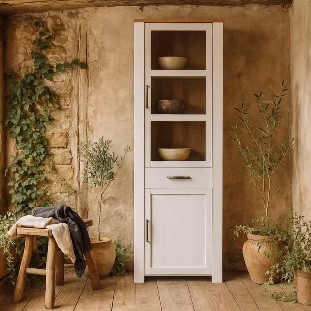 Wyld Haus Bramblecroft Narrow Display Cabinet in White and Riviera Oak, H: 205.4 x W: 42.0 x D: 53.0 cm