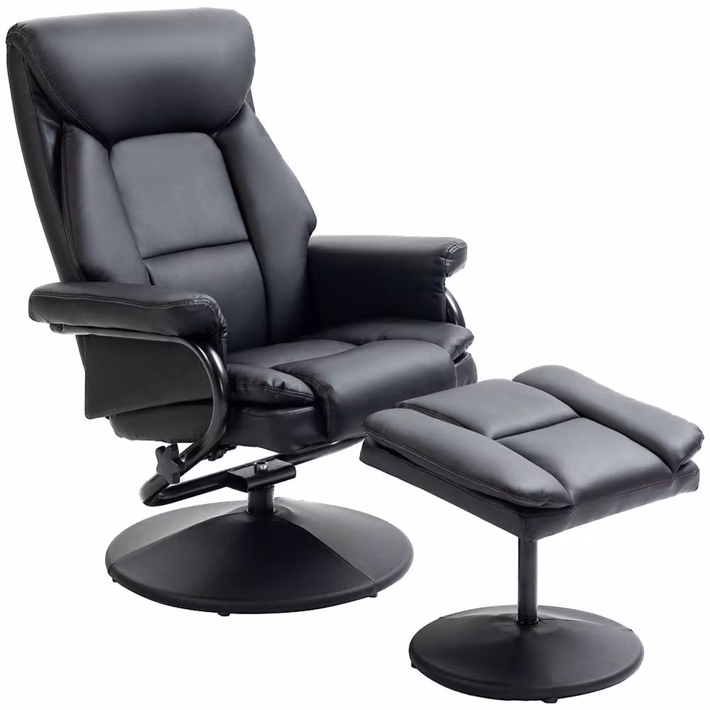 STILVORA Black Synthetic Leather Recliner Chair with Matching Footstool and 360 Degree Swivel Function – 4