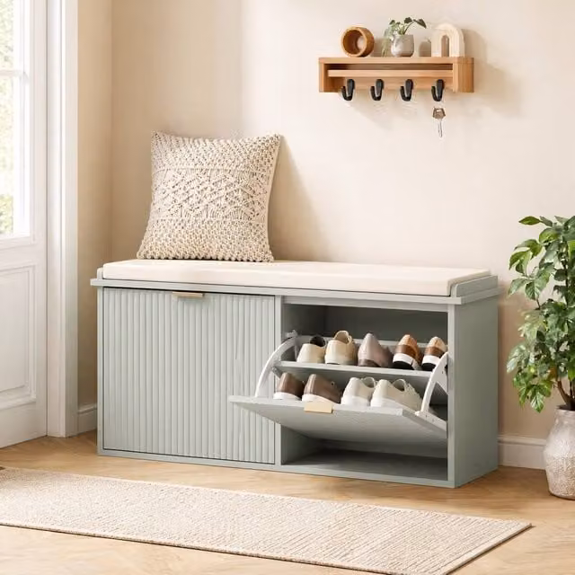 STILVORA Green Shoe Bench with 2 Flip Drawers and Gold Accents