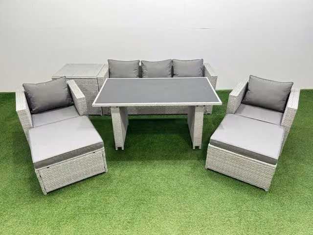Fimous Modern Patio Garden Furniture Set with Black Glass Top Dining Table and Light Grey Armchairs
