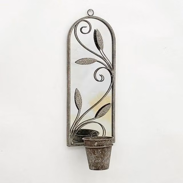 Minster Wall Mirror with Single Planter in Grey Distressed Metal, W: 20 cm, H: 65 cm – 1