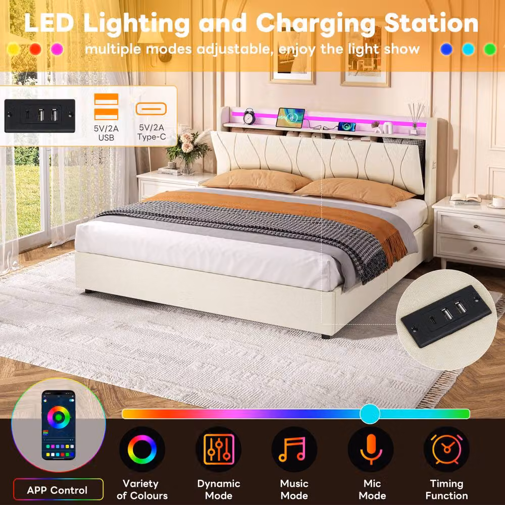 Merax King Size Upholstered Bed Frame with Hydraulic Storage, LED Lighting and USB Charging Port, Beige, W/D/H: 150 x 200 x 105 cm – 3