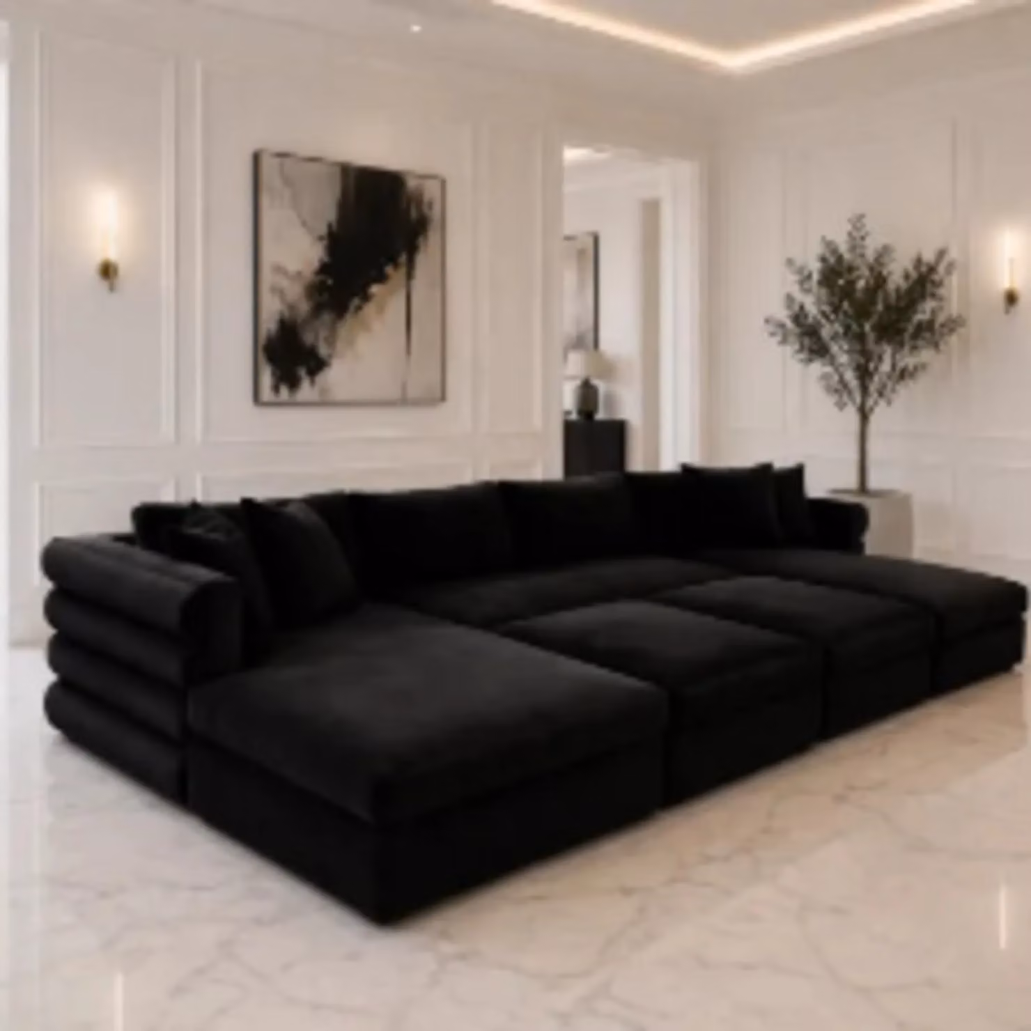 HOB Furniture Dior Panelled U-Shape Cinema Sofa in Black Velvet with Matching Ottoman – 2