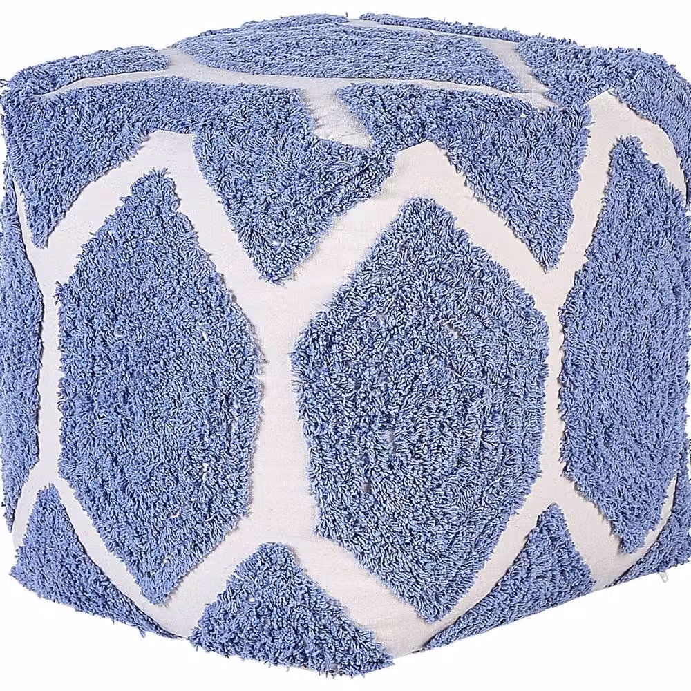 Wyld and Coco Cotton Geometric Knitted Cube Pouffe in Beige and Blue, W/D/H: 40 x 40 x 40 cm – 2