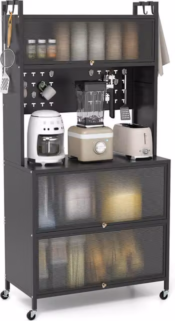 COSTWAY Modern 5 Tier Black Metal Kitchen Bakers Rack with Glass Doors