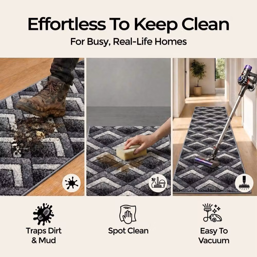 Bravich LTD Modern Zigzag Grey Hallway Runner Rug, Non-Slip Low Pile Polypropylene Carpet, W: 60 cm, L: 150 cm – 6