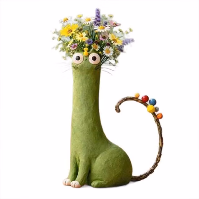 Quipulse Style 6 Cute Cat Shaped Decorative Flower Vase in Multicolour and Green