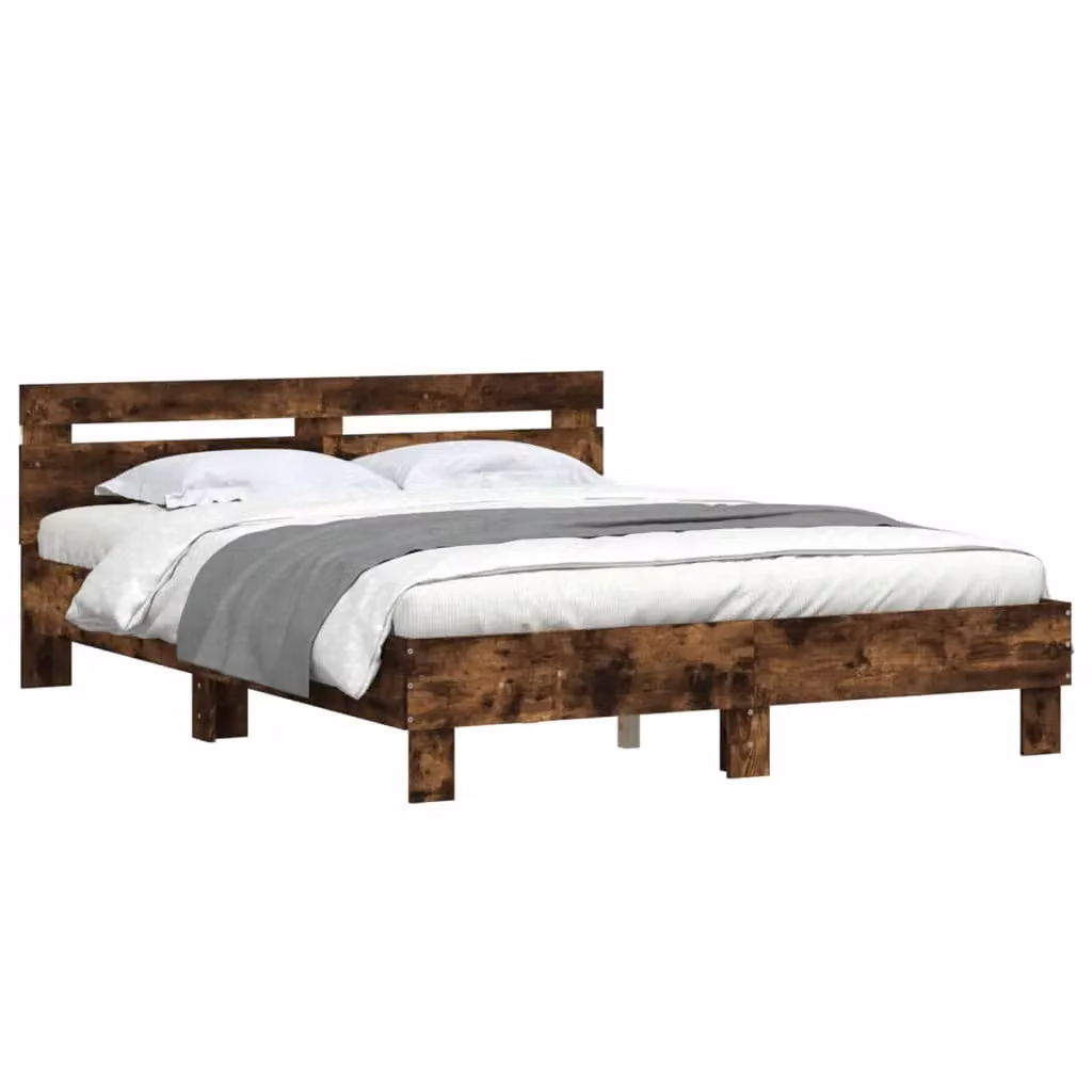 Berkfield Home Smoked Oak Bed Frame with LED Lighting and USB Charging Port, Brown, W: 140 cm, L: 200 cm – 4