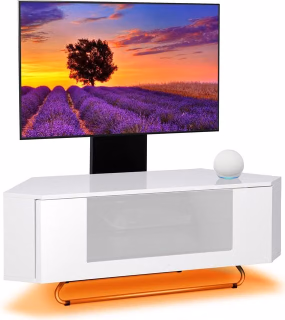 Centurion Supports Hampshire White Corner TV Cabinet with Mounting Arm and LED Lights, White