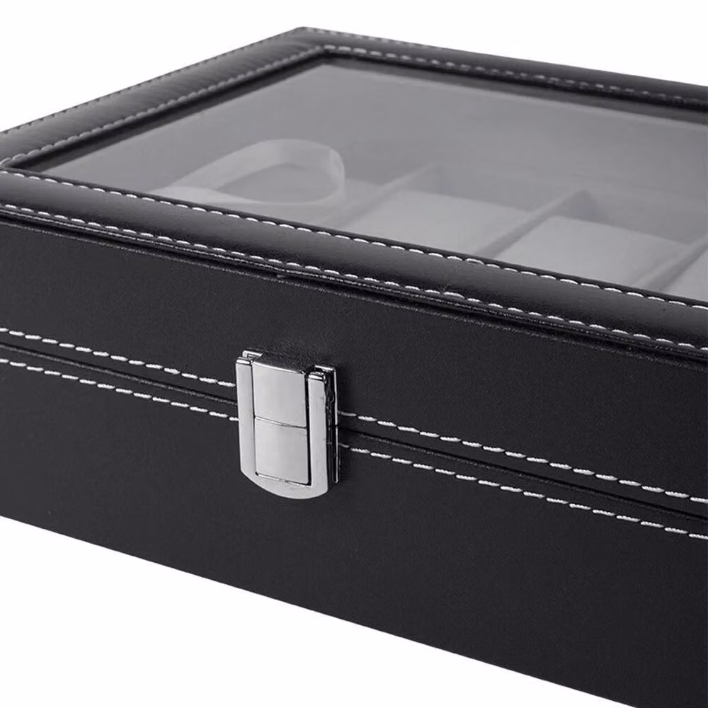 KORVIXA Lockable 10-Grid Watch Display Case in Black Faux Leather with Glass Lid – 5
