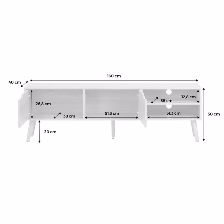 Sweekeec Vintage Wooden Effect TV Unit in Light Grey with 2 Doors, W: 160 cm, D: 40 cm, H: 50 cm