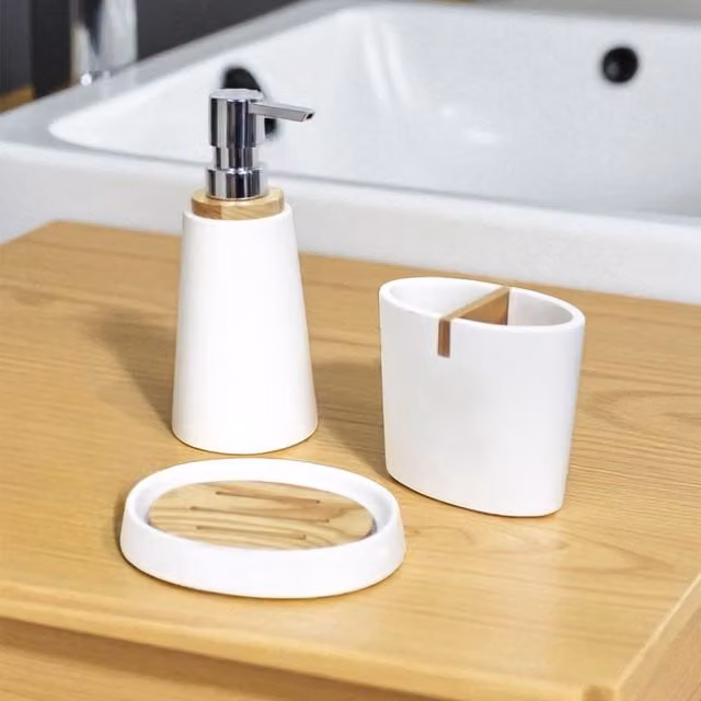 Showerdrape Sonata 3 Piece Bathroom Accessory Set in White and Black with Bamboo and Resin Finish