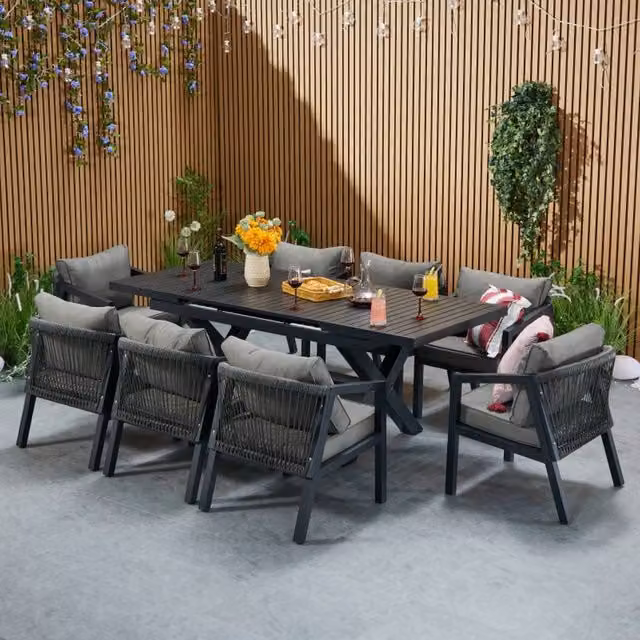 FURNITURE ONE 9-Piece Aluminum Patio Dining Set with Extending Table in Matt Dark Grey