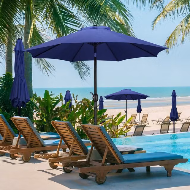 Yaheetech 2.7m Navy Blue Market Umbrella with 8 Ribs, Tilt and Crank Mechanism