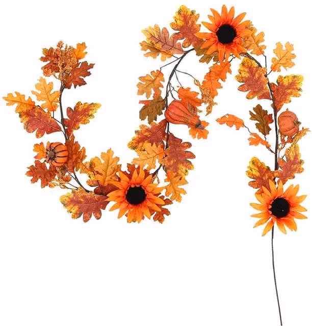 Garden Sanctuary Orange Sunflower Autumn Garland with Warm White LED Lights – 1