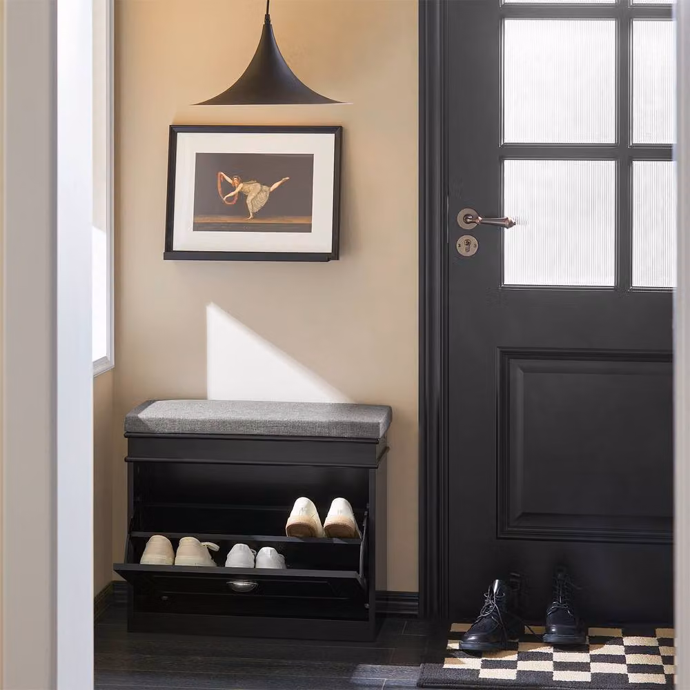 SoBuy Slim Entrance Shoe Cabinet in Black with Flip-Down Storage – 4