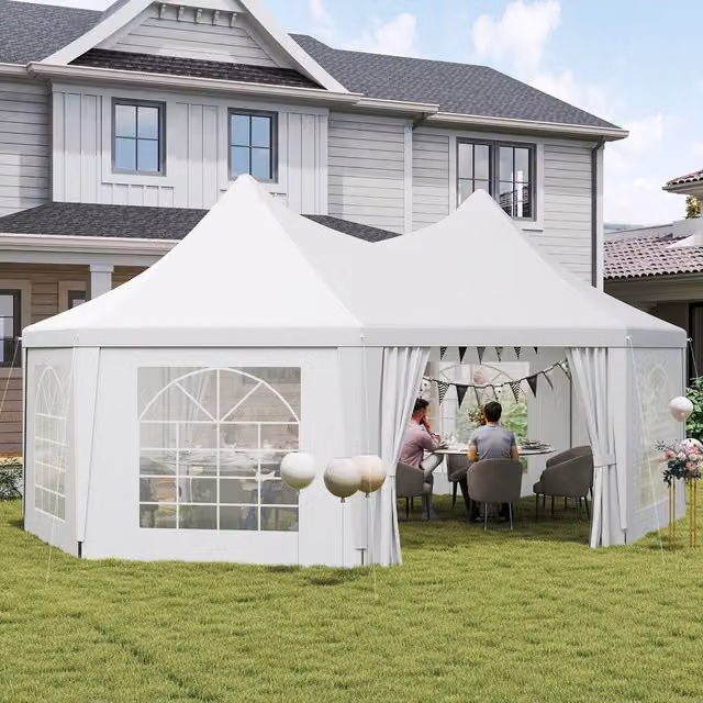 Outsunny Octagonal Party Tent Gazebo Wedding Marquee with Windows, White, Diameter: 360 cm