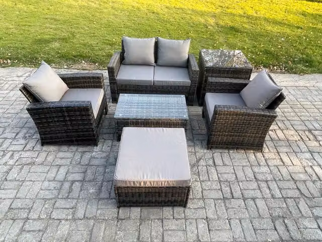 Fimous Modern Rattan Garden Furniture Set in Dark Grey with Double Seater Sofa and Coffee Table