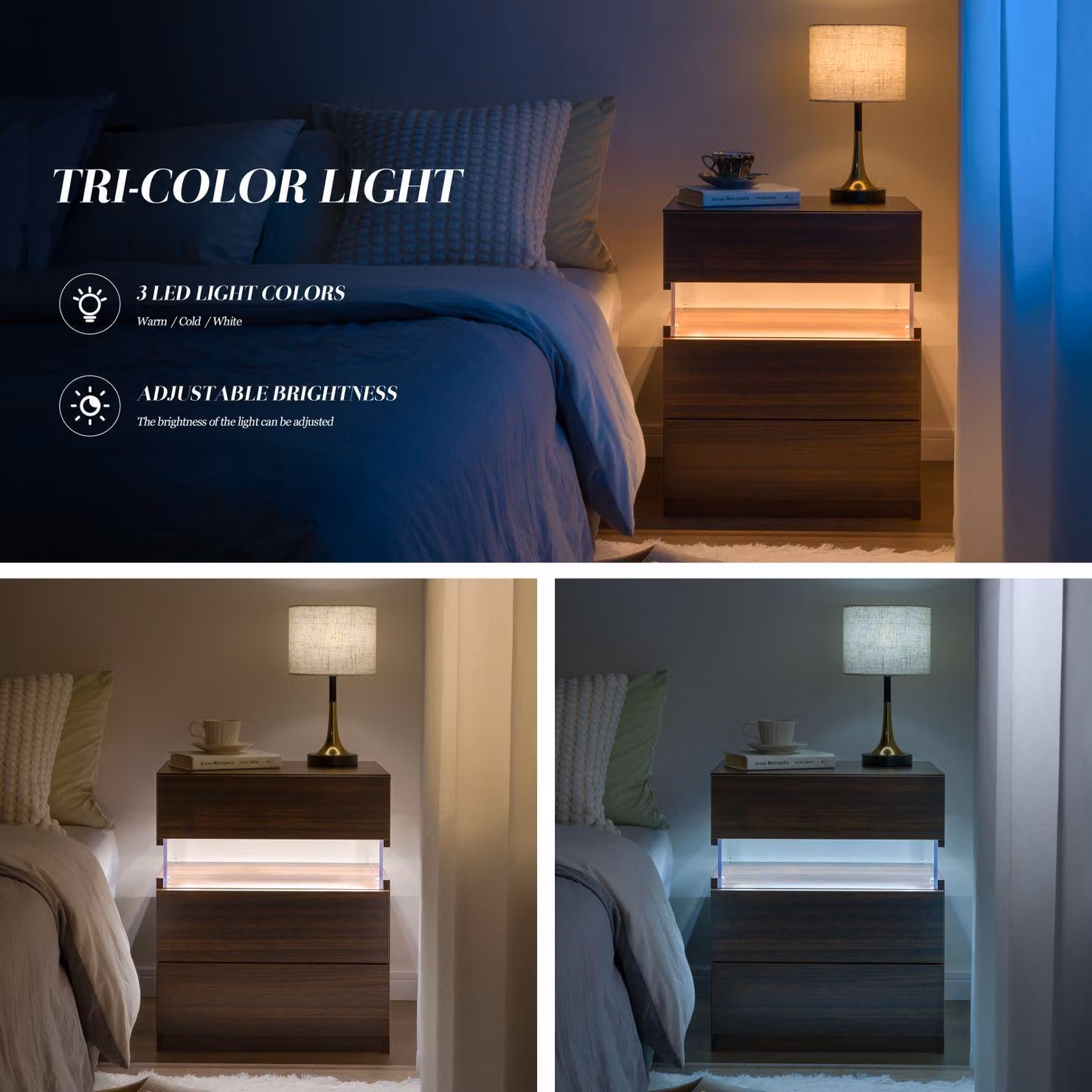 Aosom.UK Modern Walnut Nightstand with Acrylic Board, 3 Drawers and Multi-Colour LED Light, W/D/H: 37.5 x 50 x 60 cm – 3