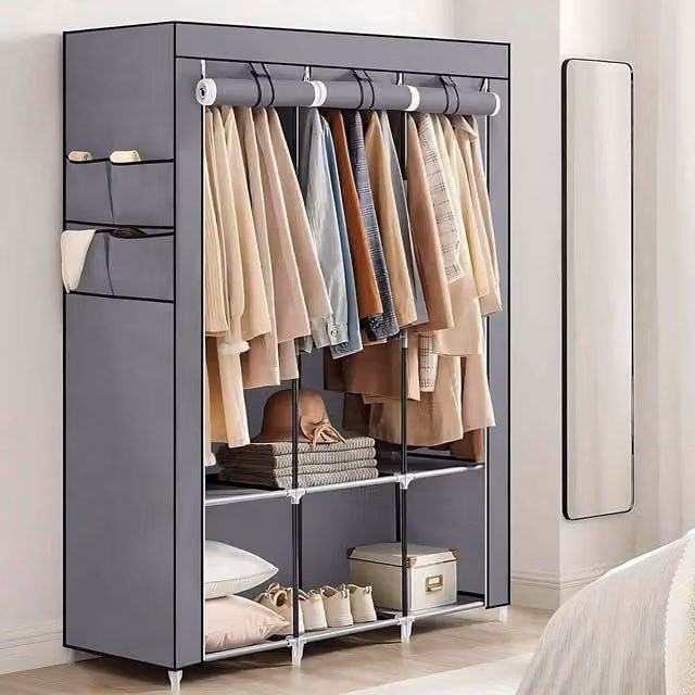 The Bazaarist Portable Covered Clothes Wardrobe with Hanging Rails, Internal Shelves and Side Pockets, Grey