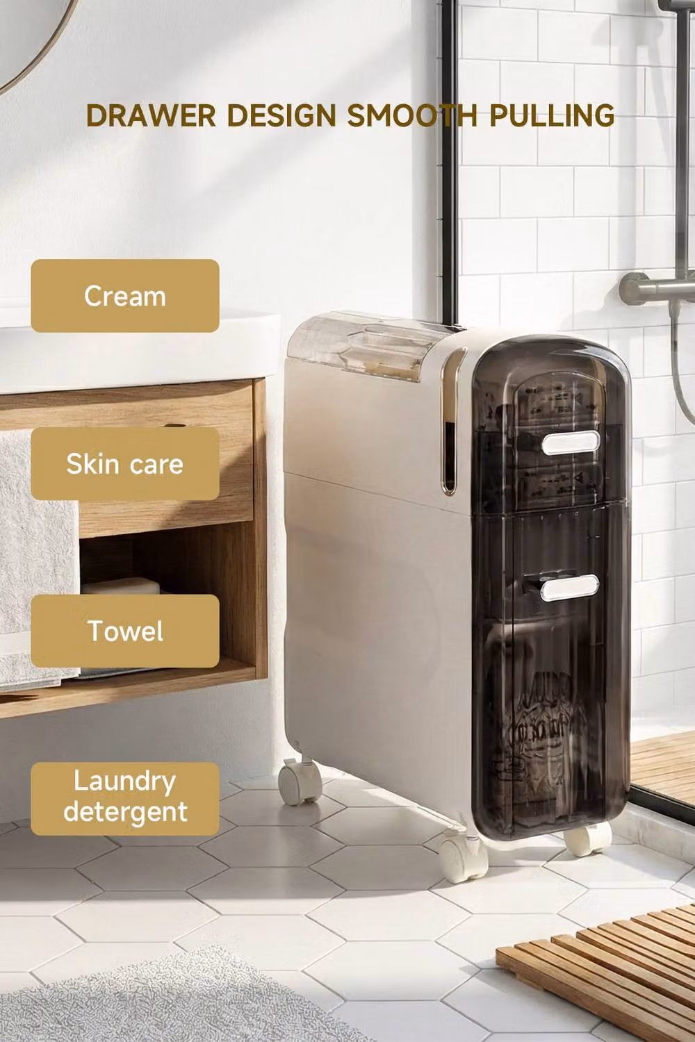 Living and Home Slim 2-Tier Rolling Narrow Storage Cabinet with Drawers in White – 3