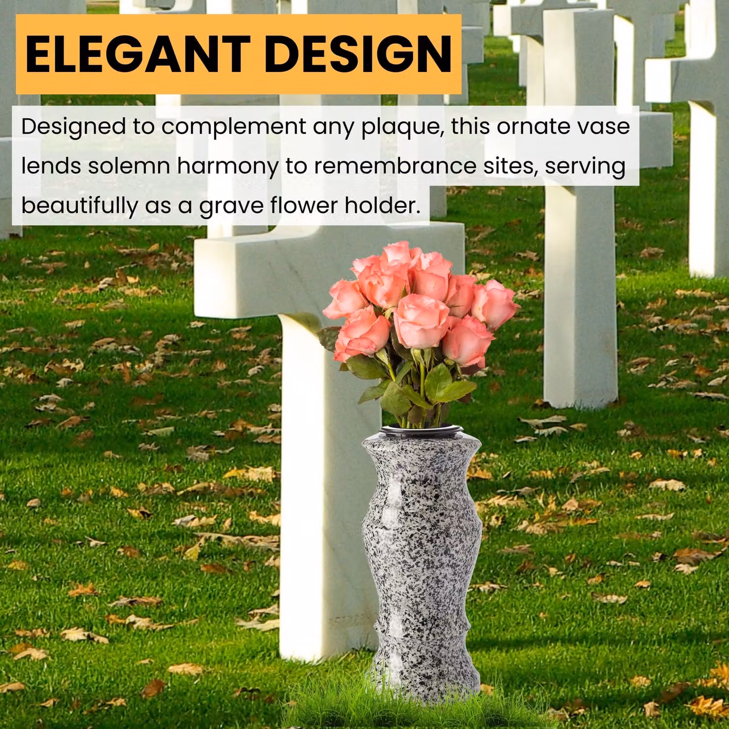Novecrafto Classic Round Granite Memorial Vase in Grey and Black Stone for Cemetery or Garden – 2