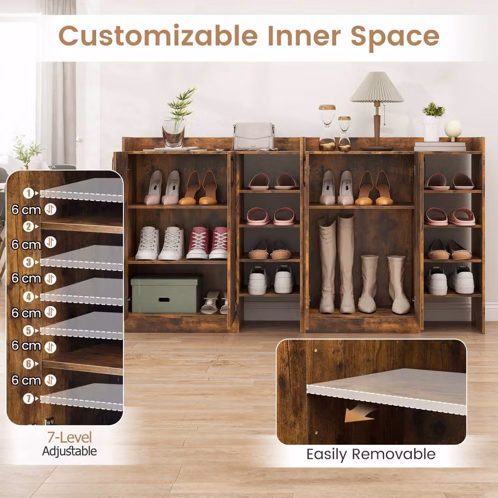 Costway Industrial Wooden Shoe Cabinet with 4 Open Shelves and Hinged Doors in Brown – 4