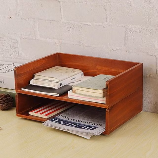 FORGEVIO 2 Layer Wooden Letter Tray Desk Organiser in Brown – 1