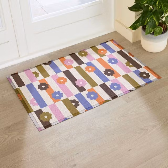 Artsy Mats Elizabeth Olwen Petal Stripes Indoor/Outdoor Doormat in Purple and Multicolour, W: 90 cm, D: 60 cm