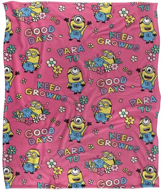 NBCU Minions Keep Growing Pink Flowers Throw Blanket, Multicolour, W: 152 cm, D: 127 cm