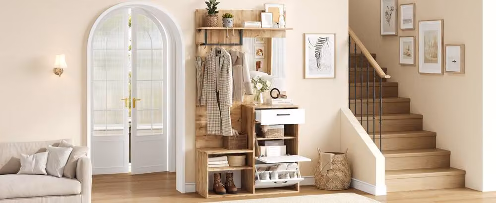 Rolipo 7-in-1 Modern White Wood Hall Tree with Shoe Bench and Mirror – 2