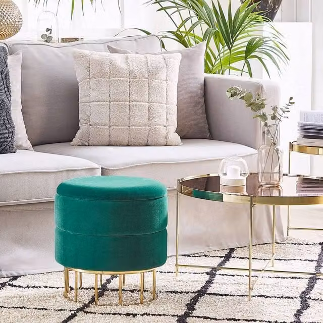 Wyld and Coco Dark Green Velvet Cylindrical Storage Pouffe with Gold Metal Base