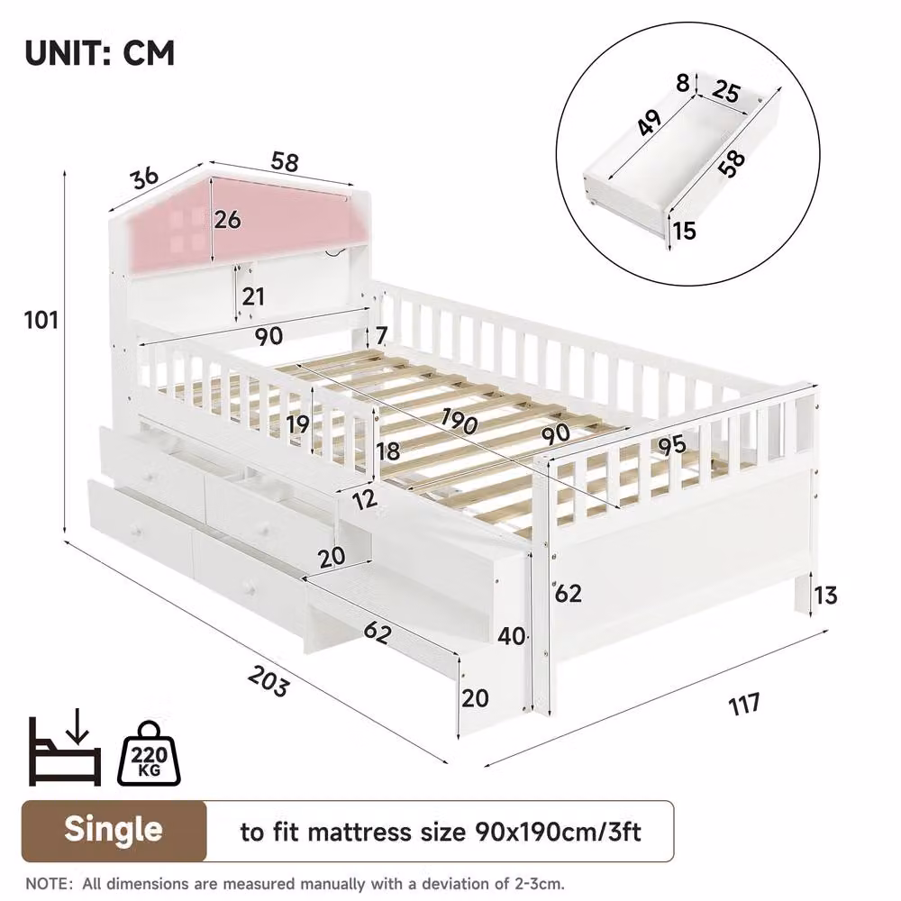 Matteo Single Solid Wood Bed Frame in White with LED Storage Headboard and USB/Type-C Charging Ports – 3