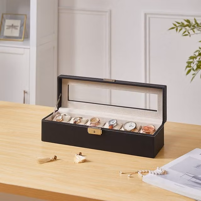 Livingandhome Black 6-Slot Watch Display Box with Transparent Lid
