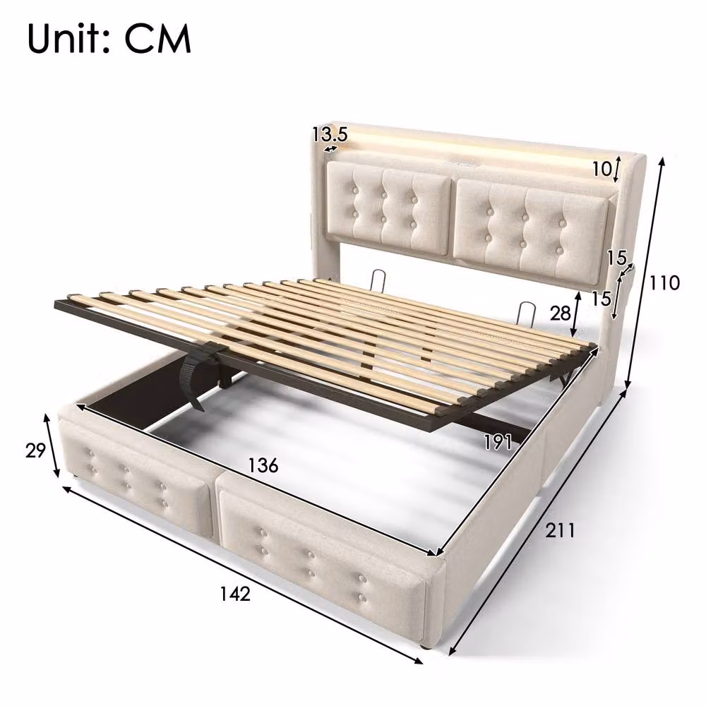 Merax Double Upholstered Linen Storage Bed with LED Lighting and USB Charging Ports, Beige, W/D/H: 135 x 190 cm – 2