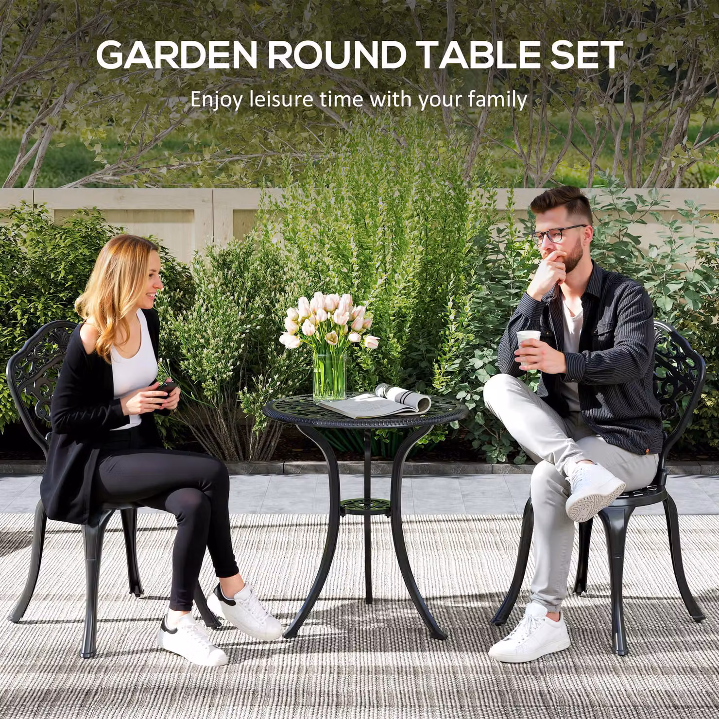 Outsunny 3 Piece Cast Aluminium Garden Bistro Set with Round Coffee Table and 2 Chairs in Matt Black – 5