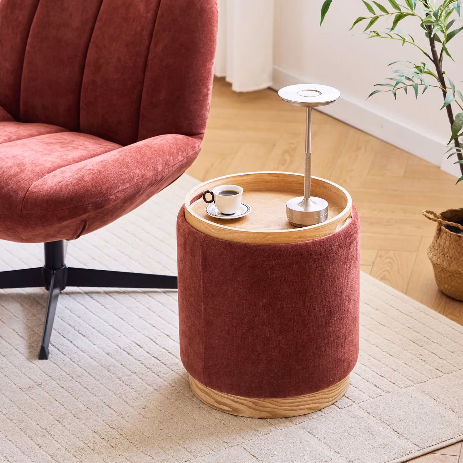 KEMI Red Velvet Cylindrical Storage Pouf with Brown Wooden Base – 5