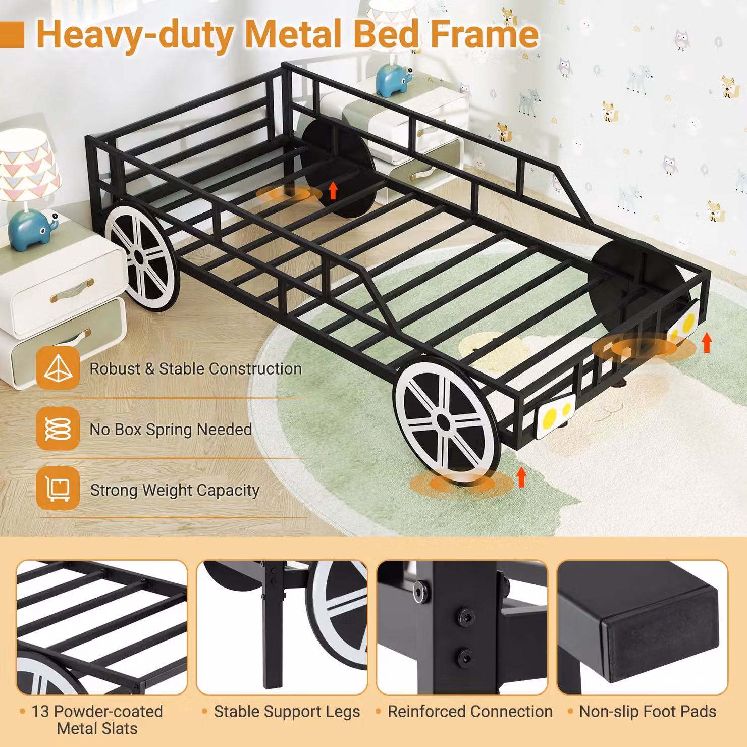 Costway Metal Car-Shaped Single Platform Bed Frame for Children in Black, W/D/H: 90 x 200 cm – 7