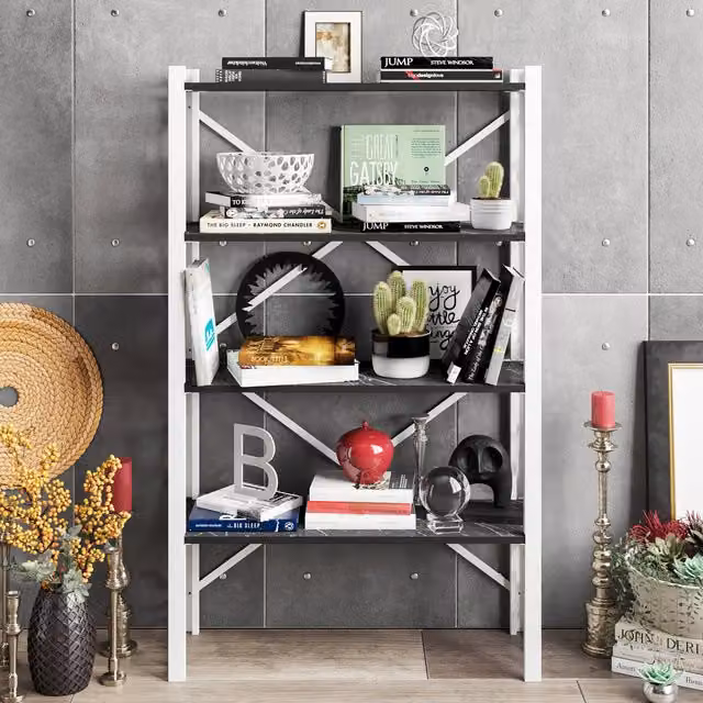 Decorotika Lidya 4-Tier Modern Open-Back Bookcase with Metal Frame in White and Black