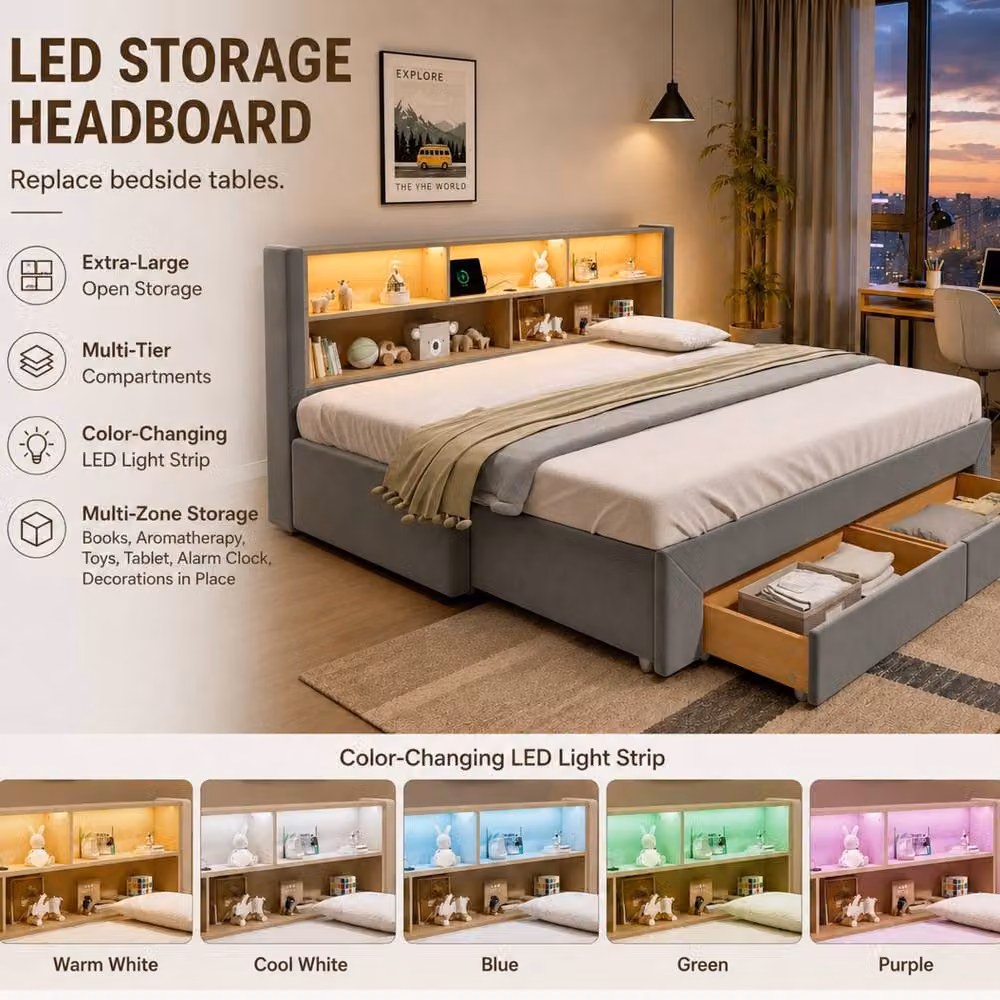 Rolipo Grey Velvet Upholstered Double Bed with Drawers, USB Charging Port and Under-bed Lighting, W/D/H: 140 x 200 x 180 cm – 6