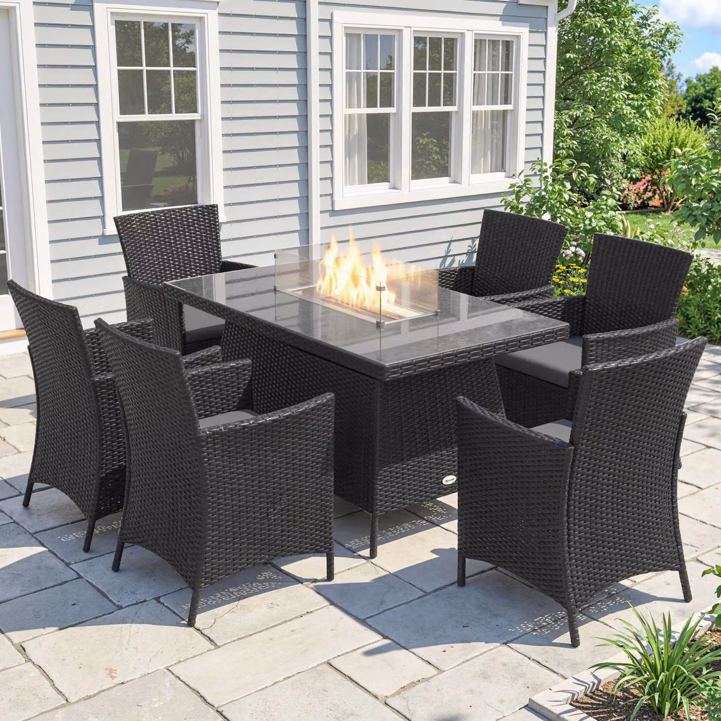 Outsunny 7 Piece Outdoor Rattan Garden Furniture Set with Fire Pit Table and 6 Chairs in Black – 2