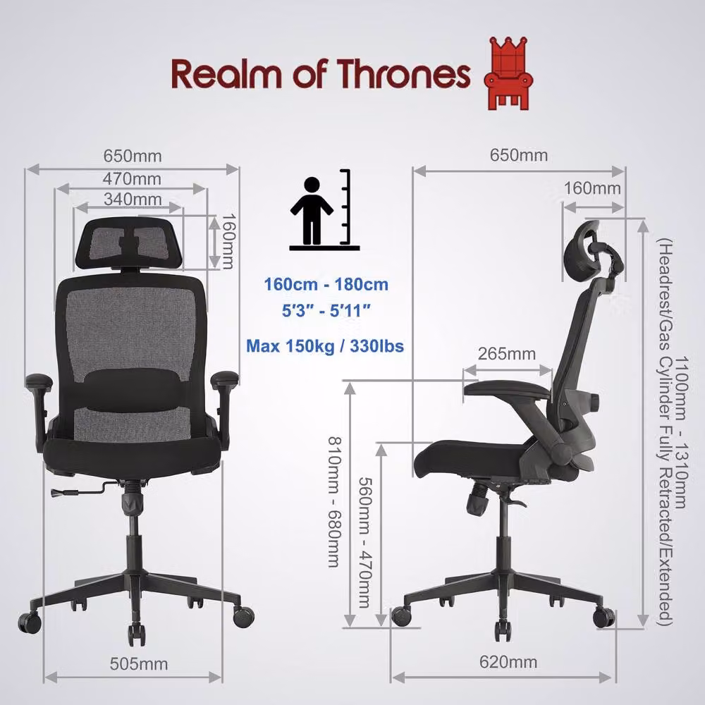 Realm of Thrones Black High-Back Mesh Office and Gaming Chair with 3D Headrest and Lumbar Support – 8