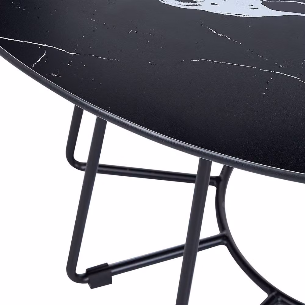 Wyld and Coco Round Marble Effect Coffee Table with Black Tempered Glass, Diameter: 80 cm – 3