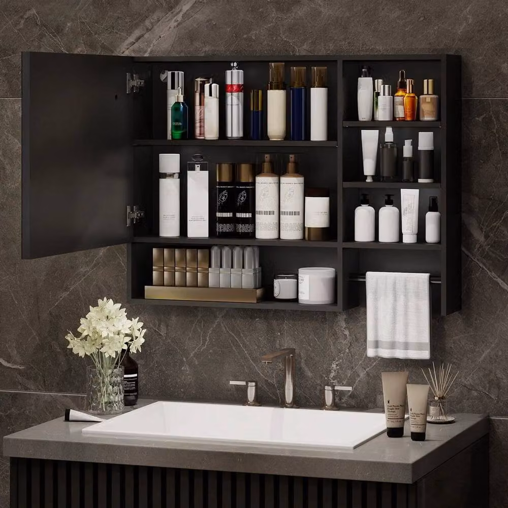 FORGEVIO Modern Black Wall-Mounted Bathroom Mirror Cabinet with Integrated LED Lighting and Glass Hinged Doors – 5