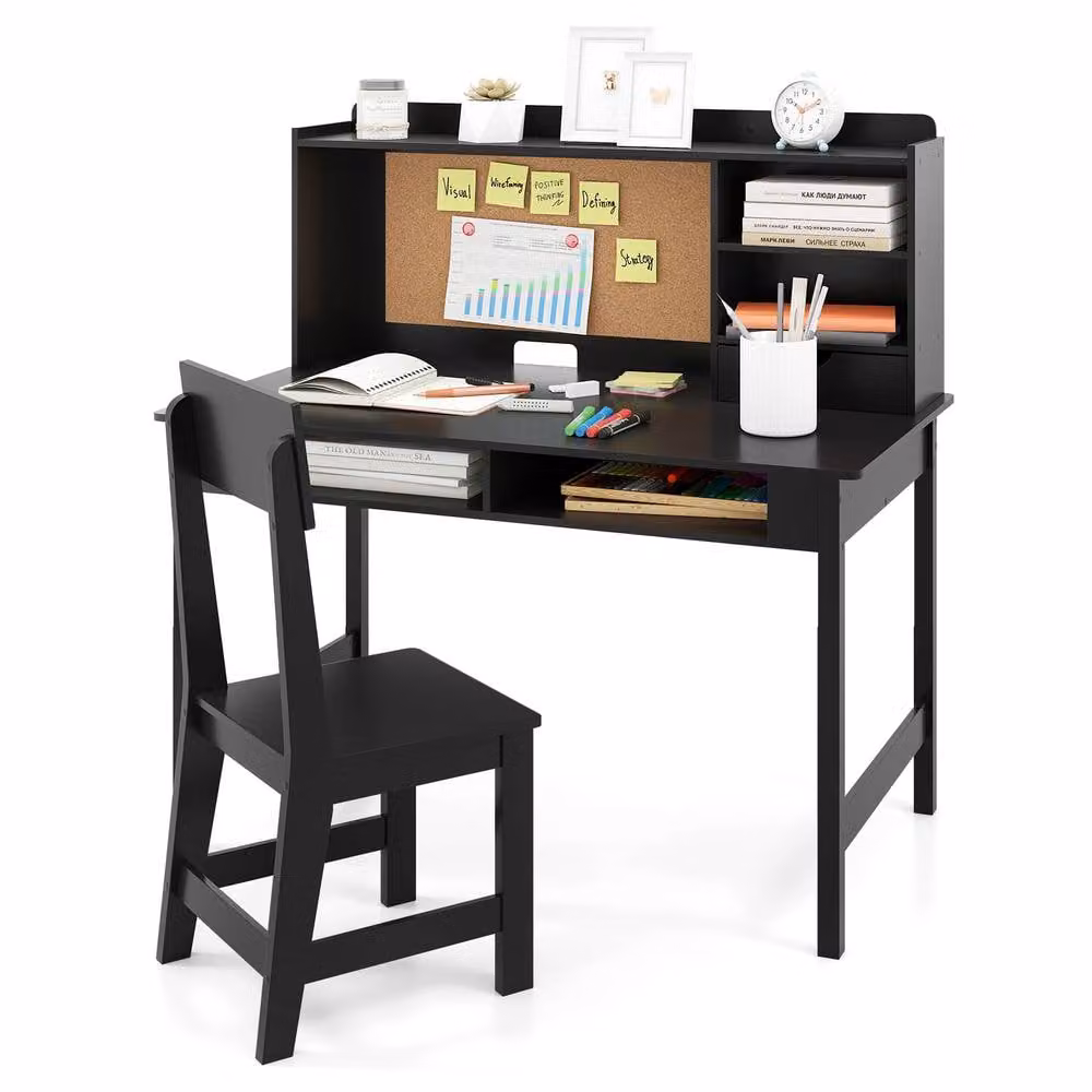 CASART Kids Wooden Study Table and Chair Set with Hutch and Shelves in Black – 9