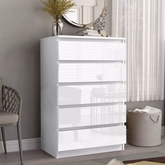 LUXURY LIFE Carlton Gloss 5 Drawer Chest of Drawers in White