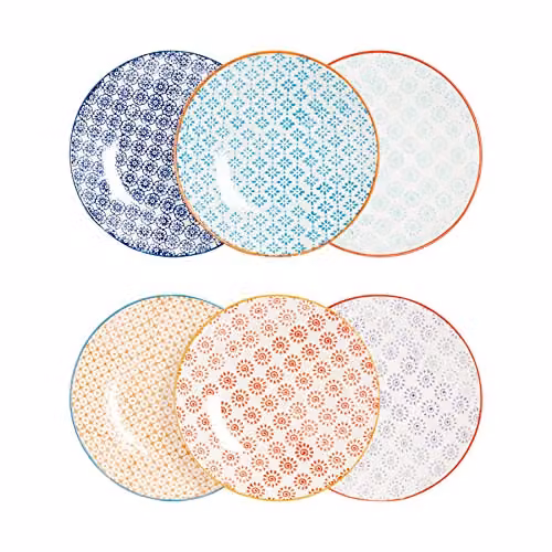 Nicola Spring Hand-Printed Floral Porcelain Side Plates, Multicolour, Pack of 6, Diameter: 18 cm – 1